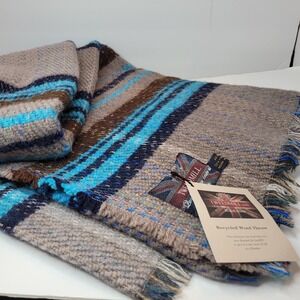 TWEEDMILL Recyled Wool Gray/Blue/Brown Stripe Blanket Throw  72"x60"